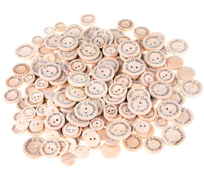 PINOWU 150pcs Pinowu Wooden Buttons (15-20-25mm) Handmade with Love Round Craft DÃ©cor 2 Holes Wood Sewing Buttons for Hat Shirt Clothes Decoration - Image 2